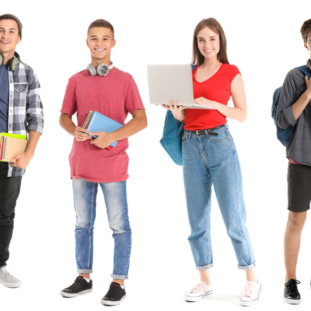 Teenage boy with backpack and books on white background