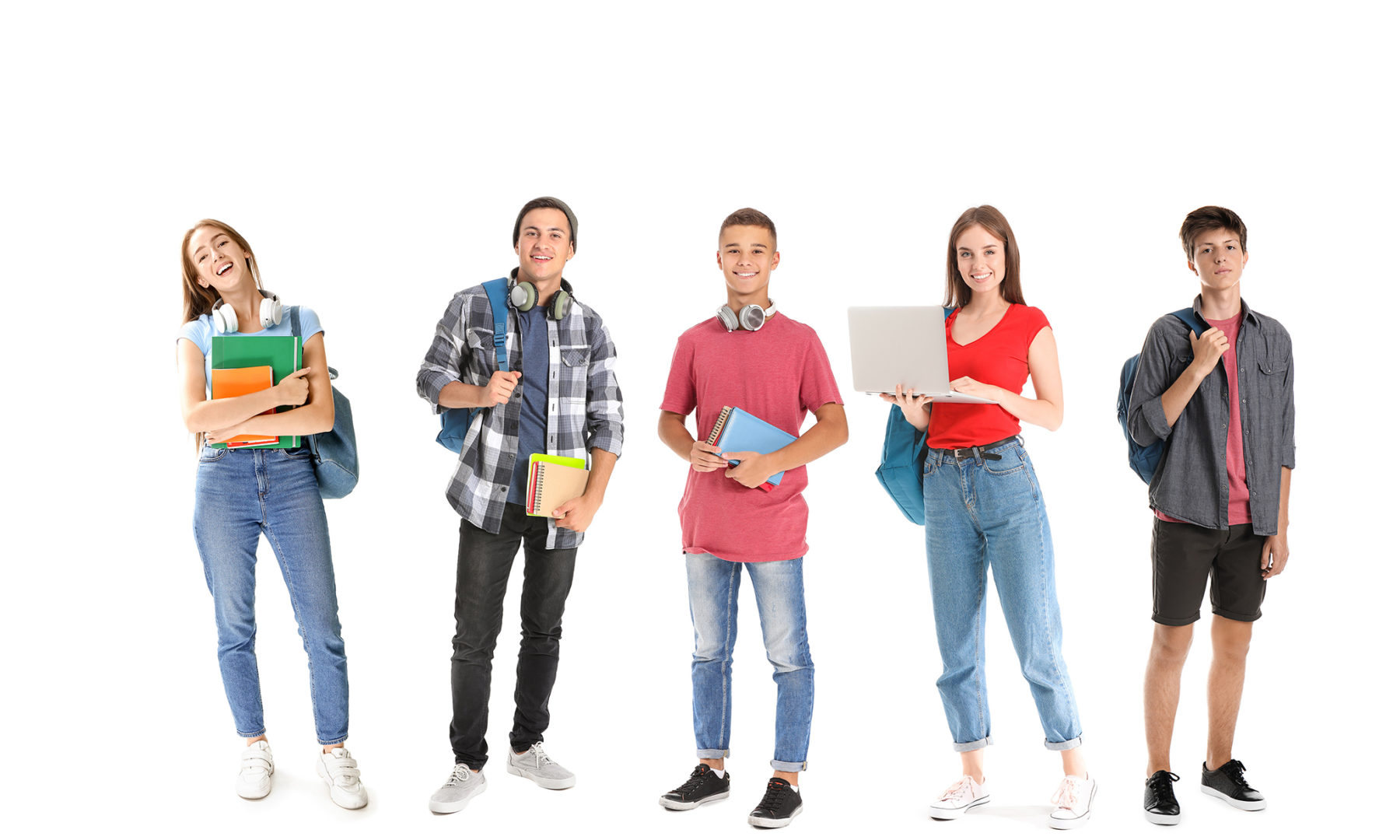 Teenage boy with backpack and books on white background