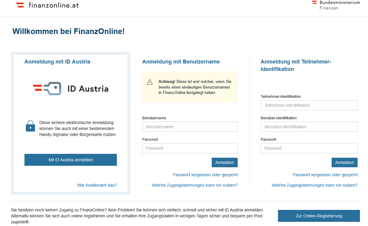 Screenshot Finanzonline Registrierung