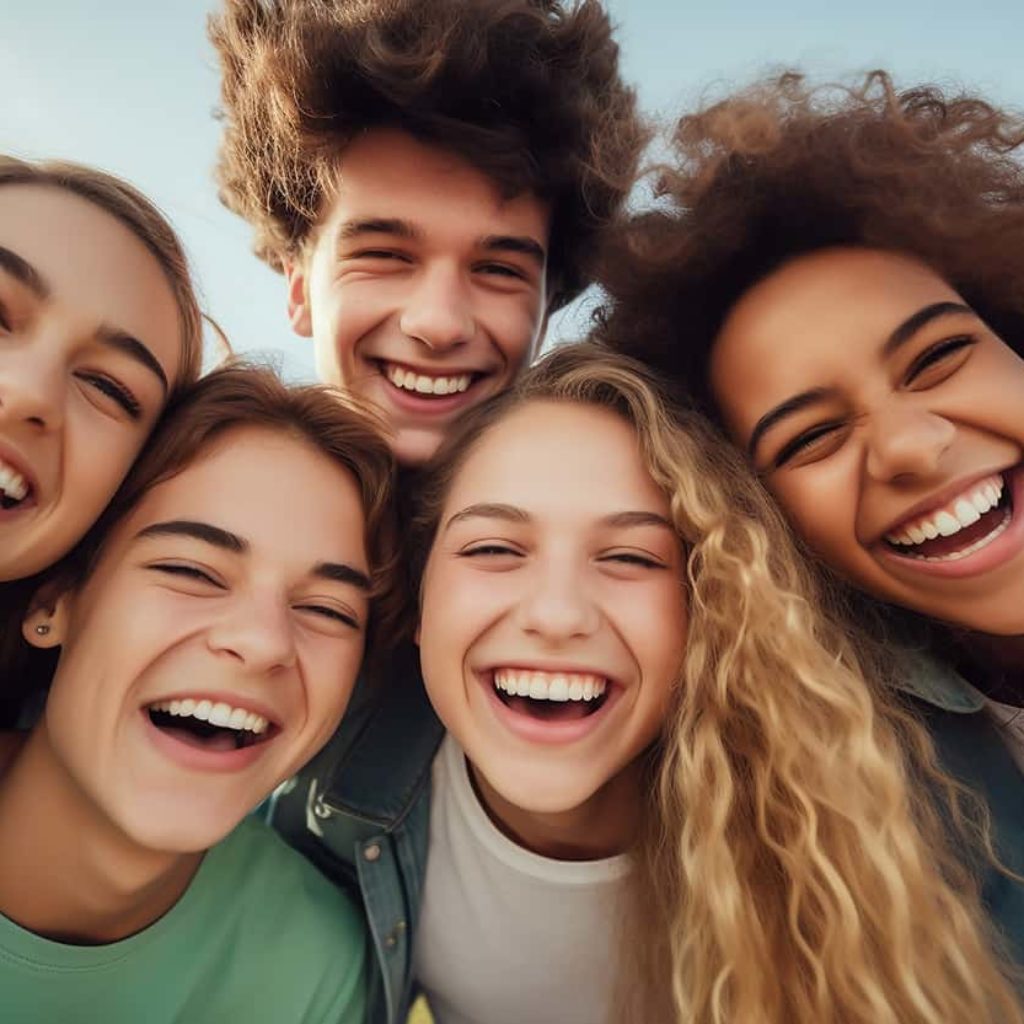 Teenage group with boys and girls – all laughing exuberantly and