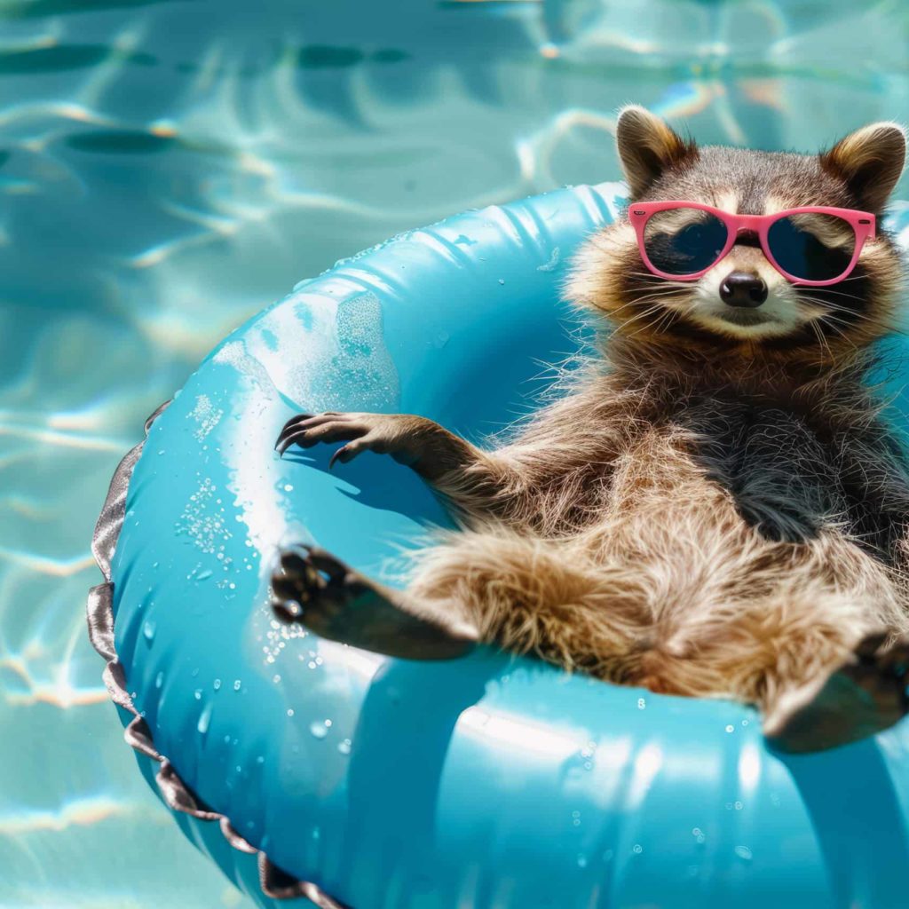 A raccoon in a  sunglasses floating in a swimming pool floaty, top view. Vacation and relax. Space for text.